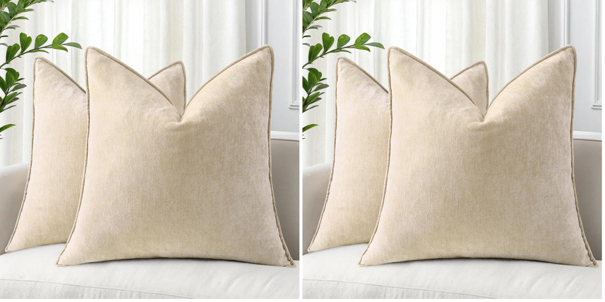 decorUhome Chenille Beige Velvet Throw Pillow Covers 20x20 Set of 2