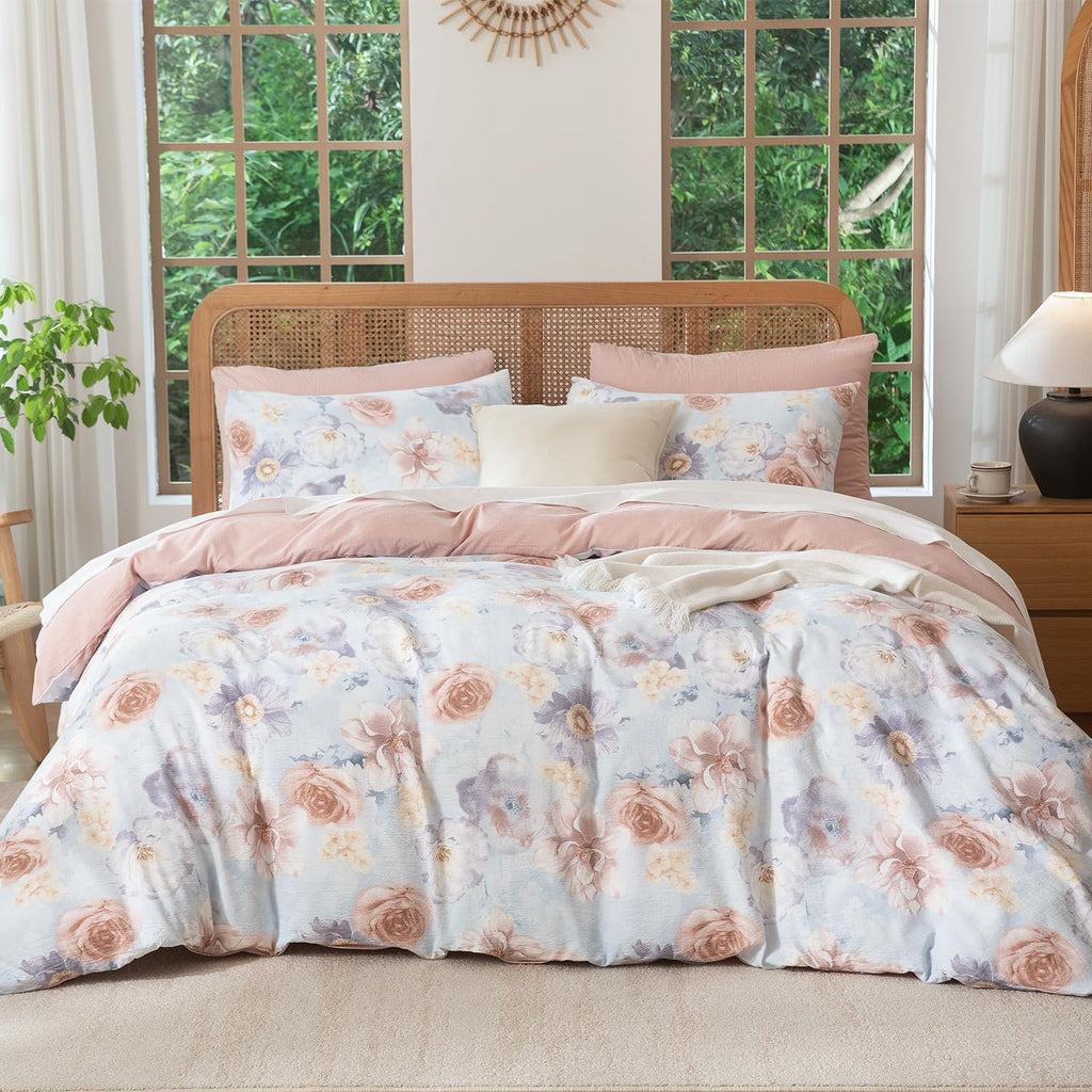 King Size Duvet Cover Set Floral Luxury Soft Brushed Microfiber Crinkle Gauze Fabric 3 Pieces Bedding Set Flower Pattern Duvet Cover King with Zipper Closure Breathable Comfy