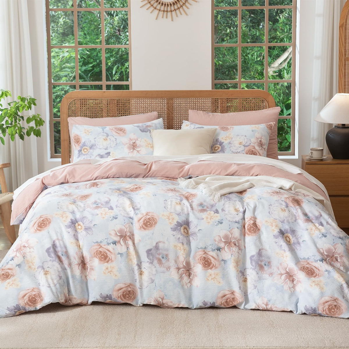 King Size Duvet Cover Set Floral Luxury Soft Brushed Microfiber Crinkle Gauze Fabric 3 Pieces Bedding Set Flower Pattern Duvet Cover King with Zipper Closure Breathable Comfy