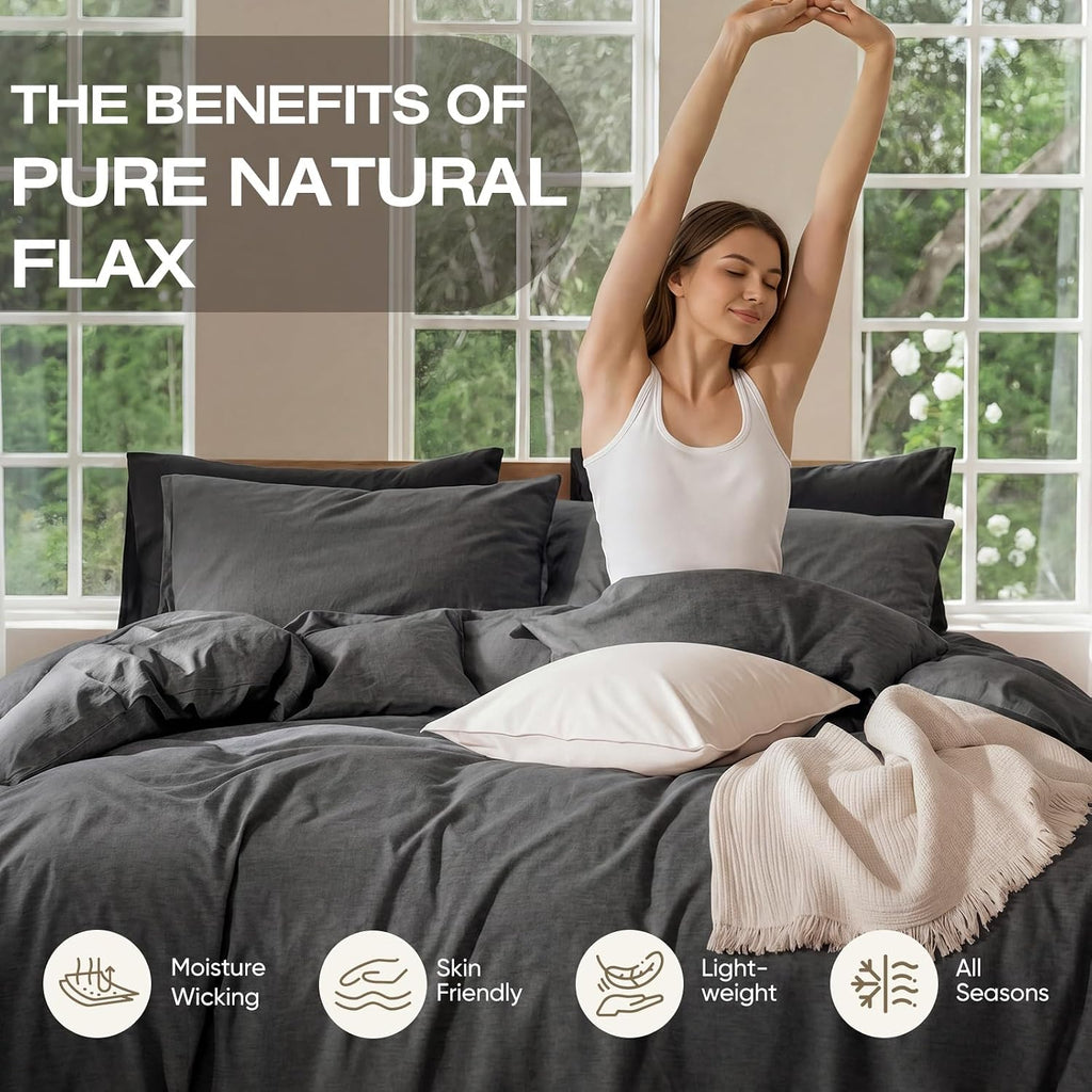 100% Linen Duvet Cover, Soft 3pcs Bedding Set with Zipper Closure, Natural Texture, Breathable for Hot Sleeper,Comforter Not Included(Dark Grey,King(104 * 90))