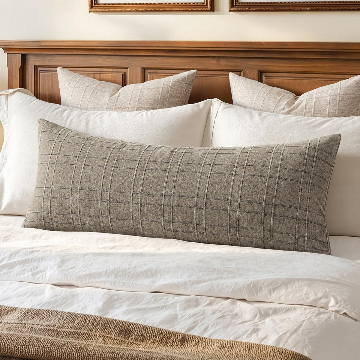 MIULEE Long Lumbar Throw Pillow Cover 14x36 Soft Linen Check Decorative Pillowcase Pack of 1 Vintage Farmhouse Textured Accent Cushion Cover for Sofa Couch Bedroom Living Room, Natural Beige