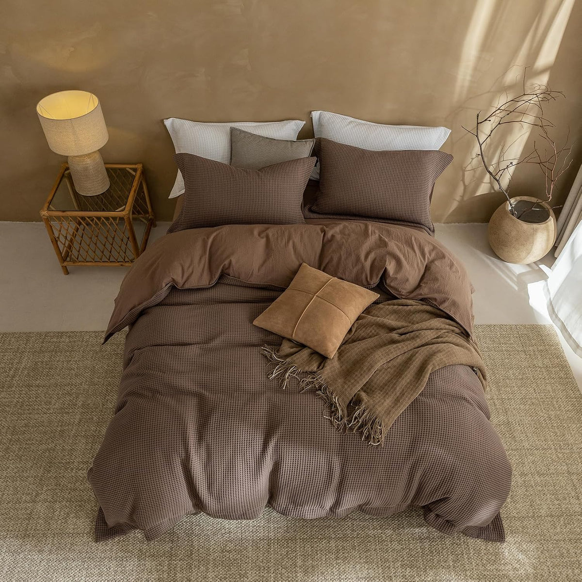 3Pcs Brown Waffle Cotton Duvet Cover Set King 104 x 90