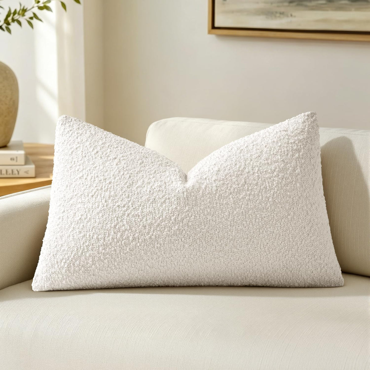 MIULEE Textured Boucle Lumbar Pillow Cover for Bed 12x20 Neutral