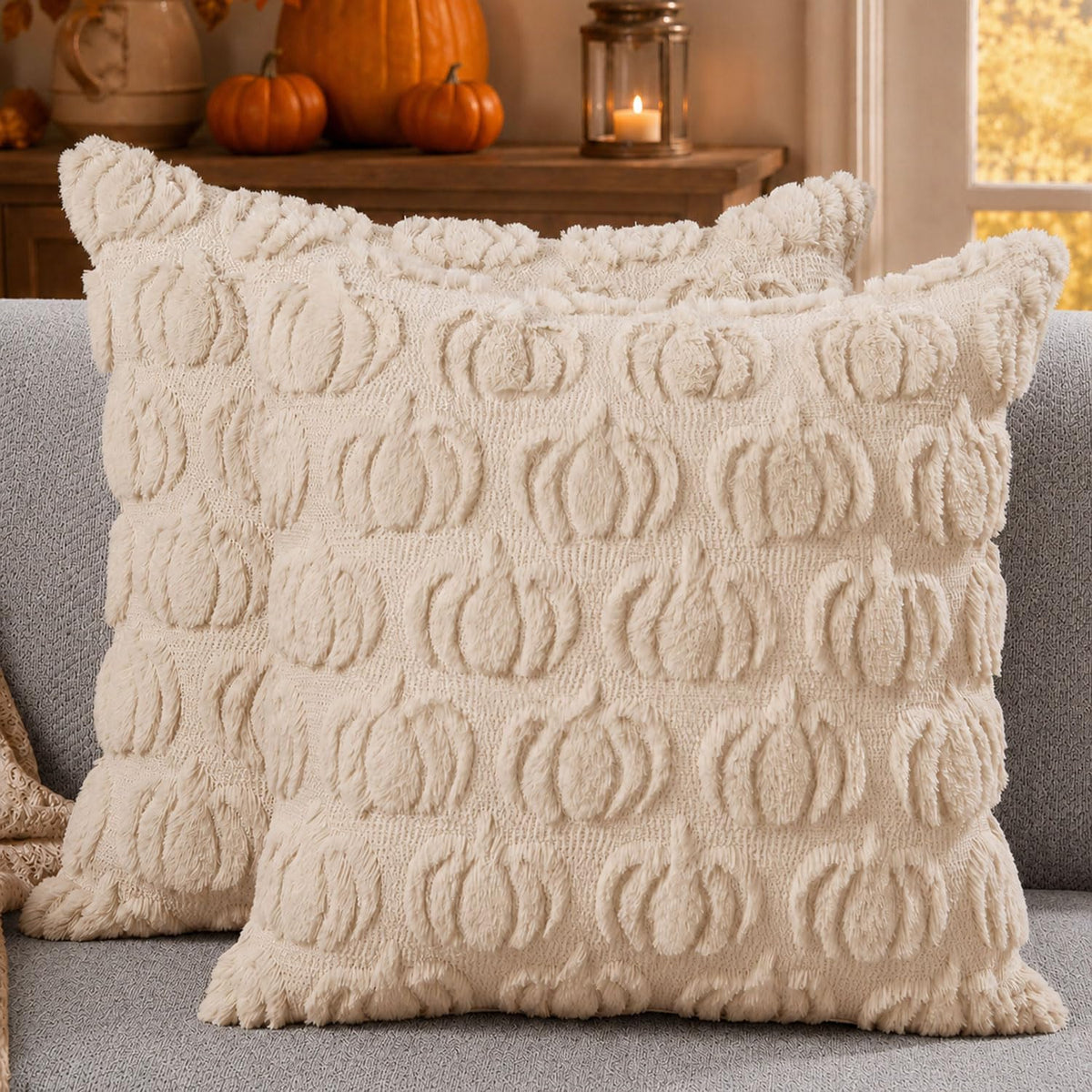 DFXSZ Fall Pillow Covers 18x18 2Pcs Beige Pumpkin Fall Decorations for Home