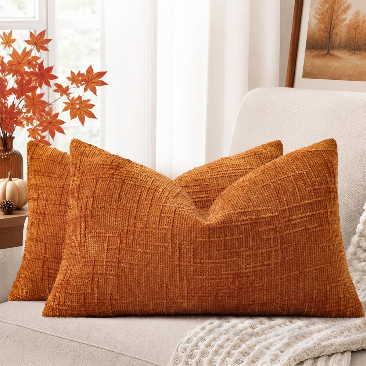 decorUhome Textured Chenille Throw Pillow Covers 18x18 Set of 2 Rust