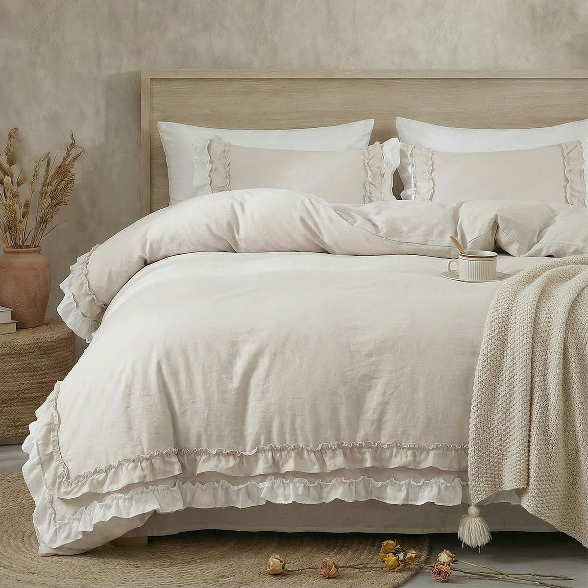Bedorm Beige Duvet Cover Set Queen Ruffle Bedding Set Pleat Ruffled Shabby Chic Comforter Cover Extra Soft & Easy Care White Boho Duvet Cover with Zipper Closure