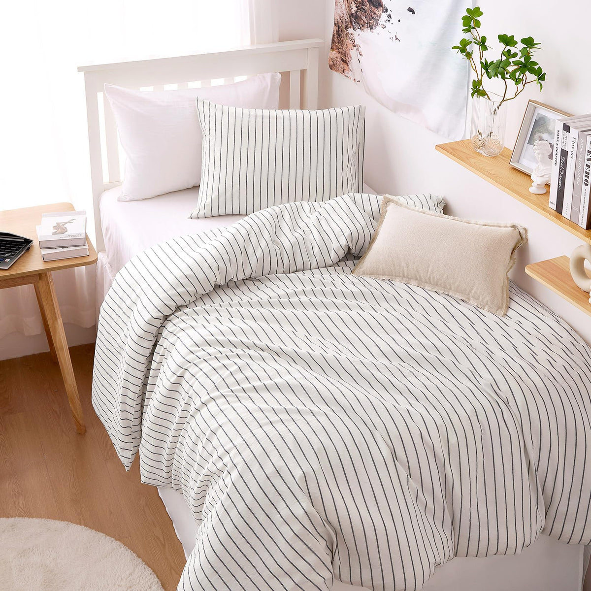 Wake In Cloud Striped Cotton Duvet Cover Set, White, Queen