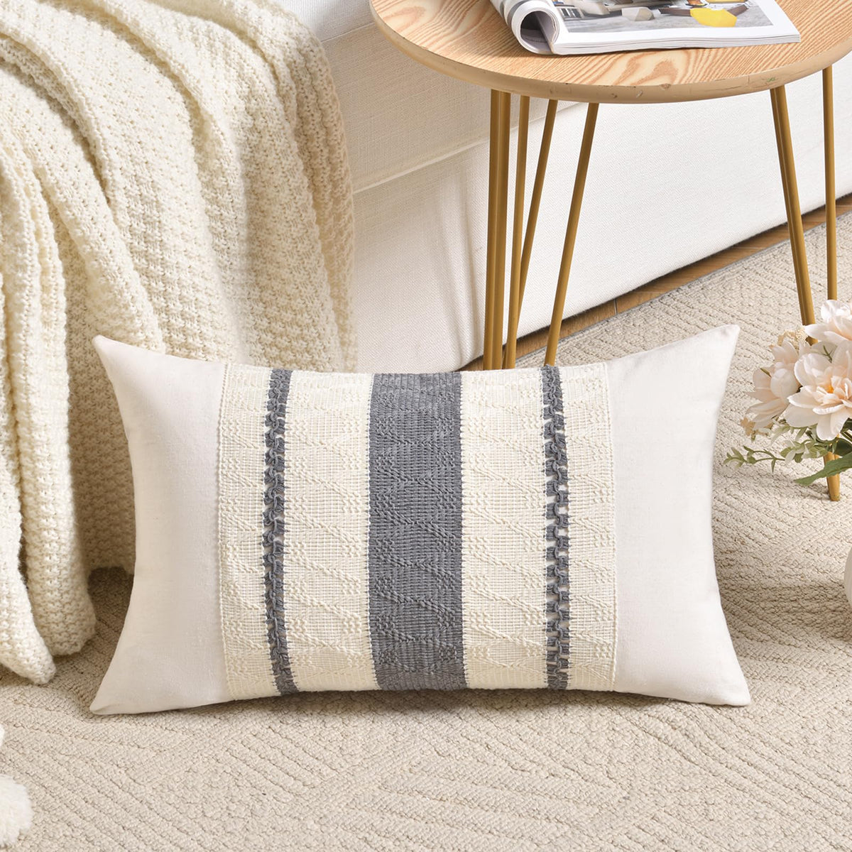 Fancy Homi Set of 1 Navy Blue Lumbar Decorative Throw Pillow Covers 12x20 Inch for Couch Bed Sofa Living Room, Soft Cotton blend Woven Textured Cushion Case