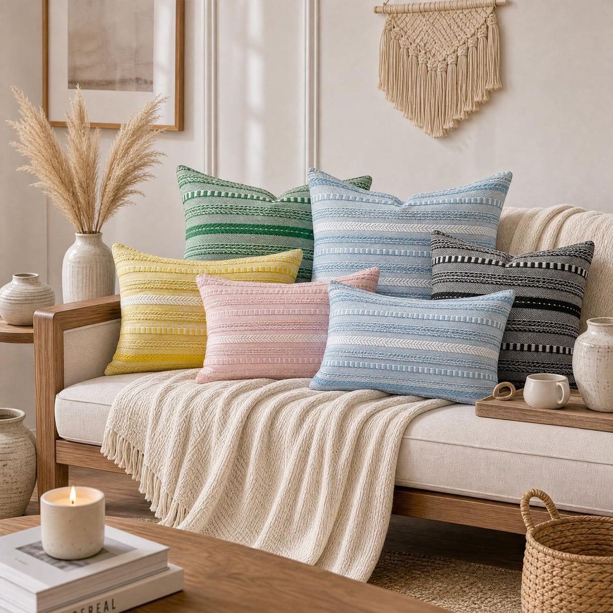 AVOIN colorlife Pink Boho Decorative Throw Pillow Covers Set of 2, 18 x 18 Inch Woven Stripe Textured Rustic Cushion Case Home Decor for Living Room Couch Sofa