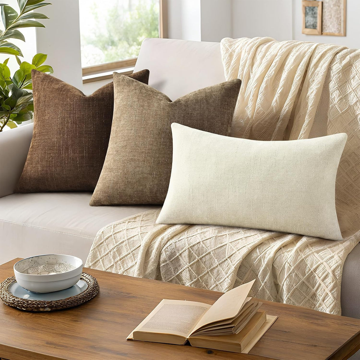 decorUhome Chenille Decorative Throw Pillow Covers 18x18 Set of 2, Brown