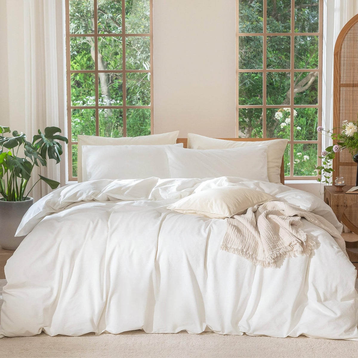 MooMee Duvet Cover Set 100% Washed Cotton Linen Like Queen