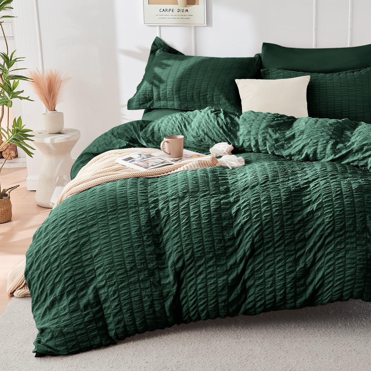 HYMOKEGE Beige Duvet Cover Queen Size, Ultra Soft 3-Piece Seersucker Duvet Cover Set with Zipper Closure, Soft Brushed Microfiber Bedding Set with 8 Corner Ties (90"x90", 2 Pillowshams)