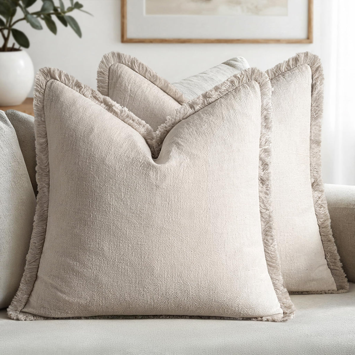 MIULEE Boho Linen Fringe Decorative Throw Pillow Covers Olive Green 20x20
