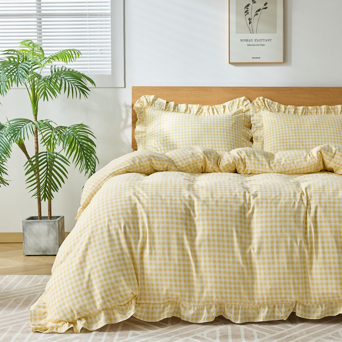 Gingham Duvet Cover Queen Size, 3 Pieces Soft Breathable Microfiber Plaid Duvet Cover with Zipper Closure & 2 Pillow Shams, Ruffle Farmhouse Vintage Decor, Sage Green