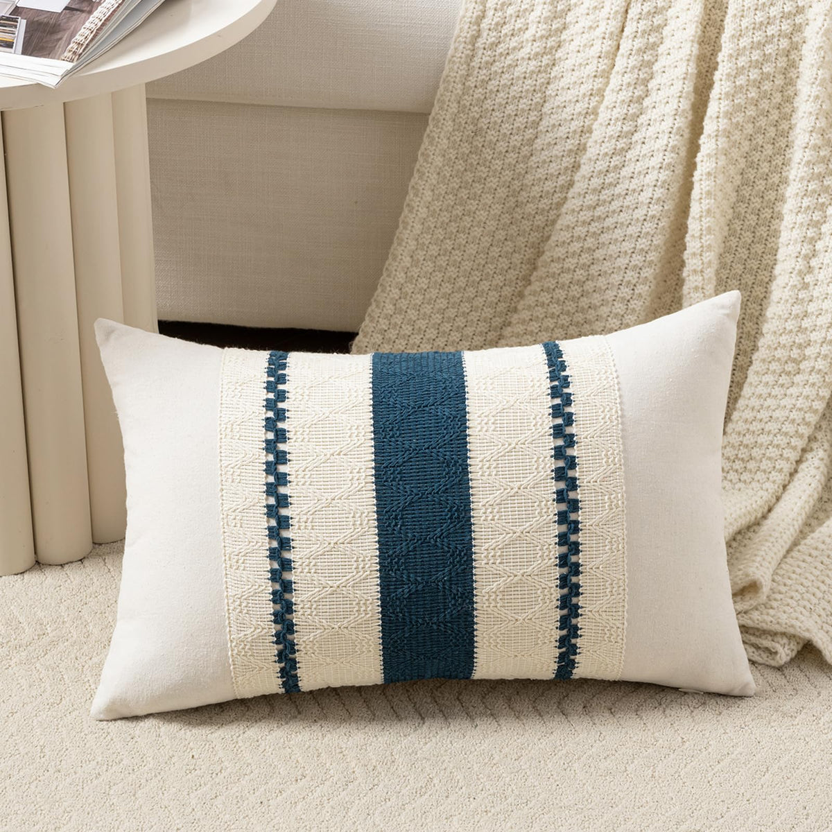 Fancy Homi Set of 1 Navy Blue Lumbar Decorative Throw Pillow Covers 12x20 Inch for Couch Bed Sofa Living Room, Soft Cotton blend Woven Textured Cushion Case
