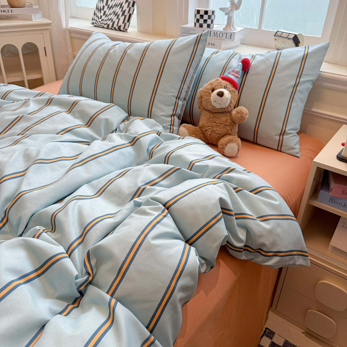 Plaid Duvet Cover Set Washed Cotton,Queen(90"x90"),Multicolor Gingham