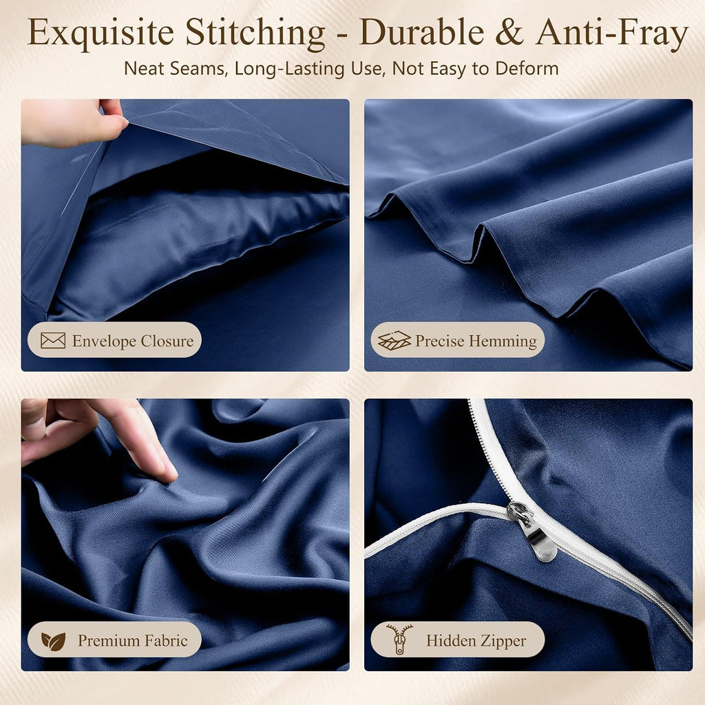 Queen Duvet Cover Set 3 Pieces, 100% Organic Viscose derived from Bamboo, Luxuriously Soft & Cooling, 1 Duvet Cover and 2 Pillowcases, 90" x 90"(Queen, Navy)