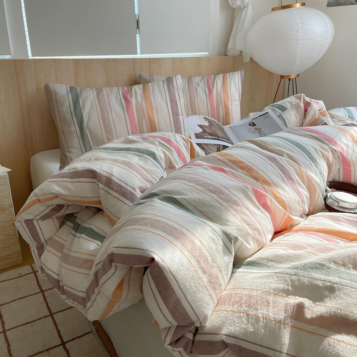 EAVD Retro Striped Duvet Cover Queen Soft 100% Washed Cotton Green Purple