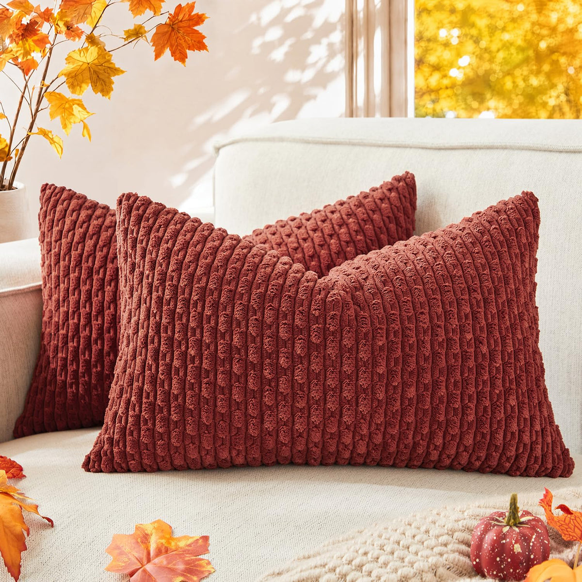Kevin Textile Soft Corduroy 18x18 Inch Pillow Covers 2 Pack, Burnt Brick