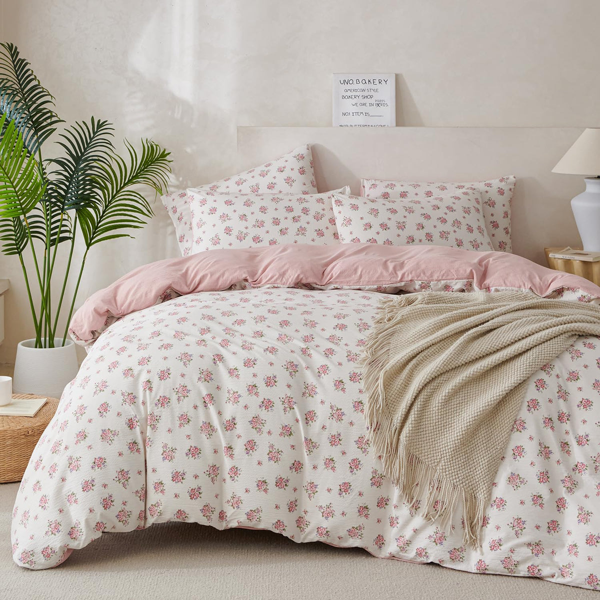 King Size Duvet Cover Set Floral Luxury Soft Brushed Microfiber Crinkle Gauze Fabric 3 Pieces Bedding Set Flower Pattern Duvet Cover King with Zipper Closure Breathable Comfy