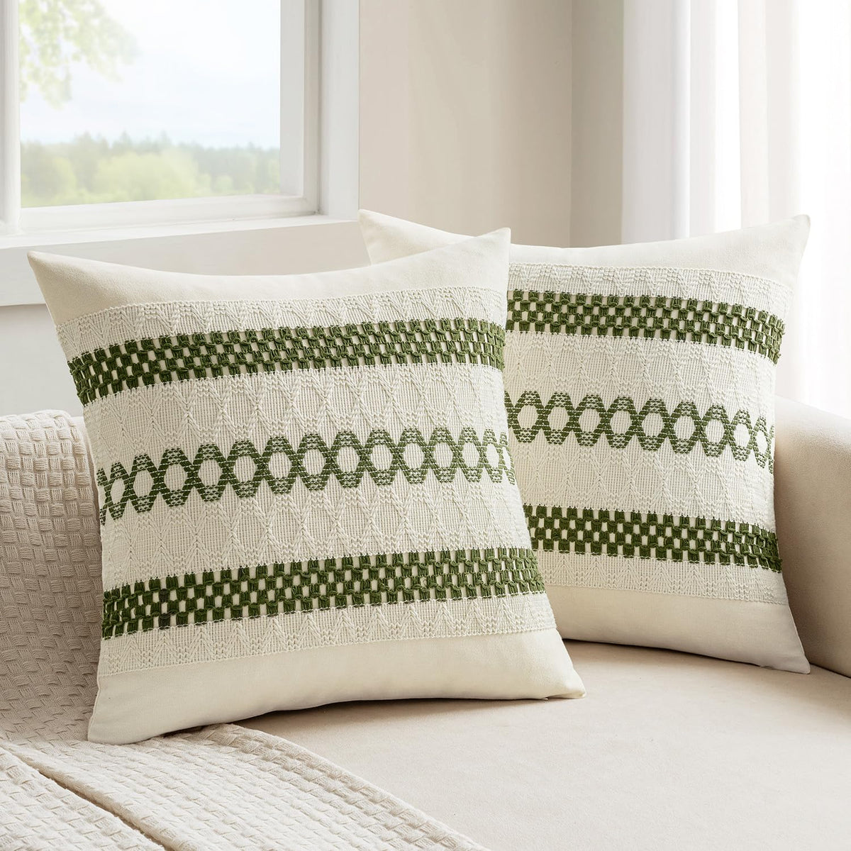 MIULEE Set of 2 Sage Green Boho Decorative Lumbar Pillow Covers 12x20 Inch