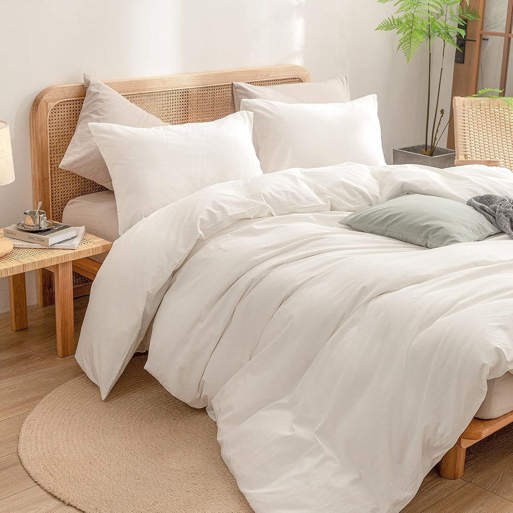 BESTOUCH Cotton Solid Duvet Cover Set Linen Feel Off White Queen