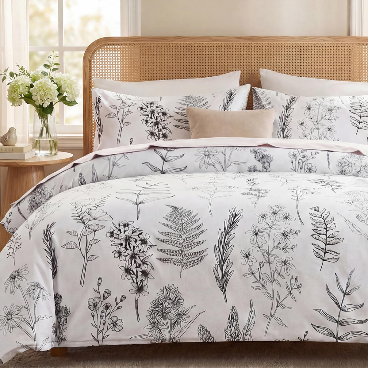Duvet Cover Queen Size - 100% Cotton Reversible Floral Queen Duvet Cover Set with Zipper Closure, 3 Pieces Soft & Breathable Green Bedding Set for All Seasons