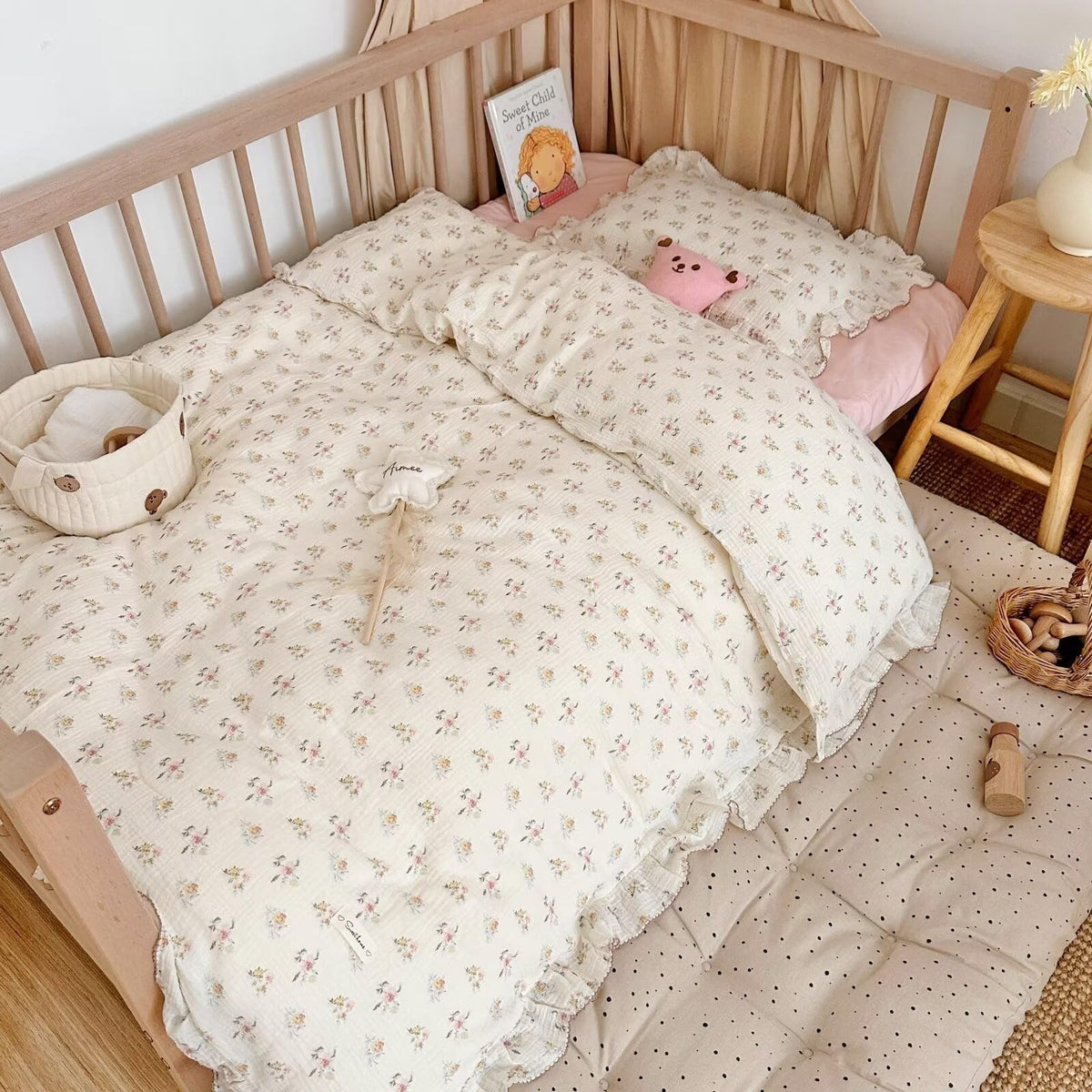 BuLuTu 100% Cotton Muslin Duvet Cover Twin for Kids Girls Boys, Shabby Chic Azalea Floral Duvet Covers Vintage Farmhouse Comforter/Quilt Cover with Ruffles, 68"x86", Zipper Closure, No Pillow