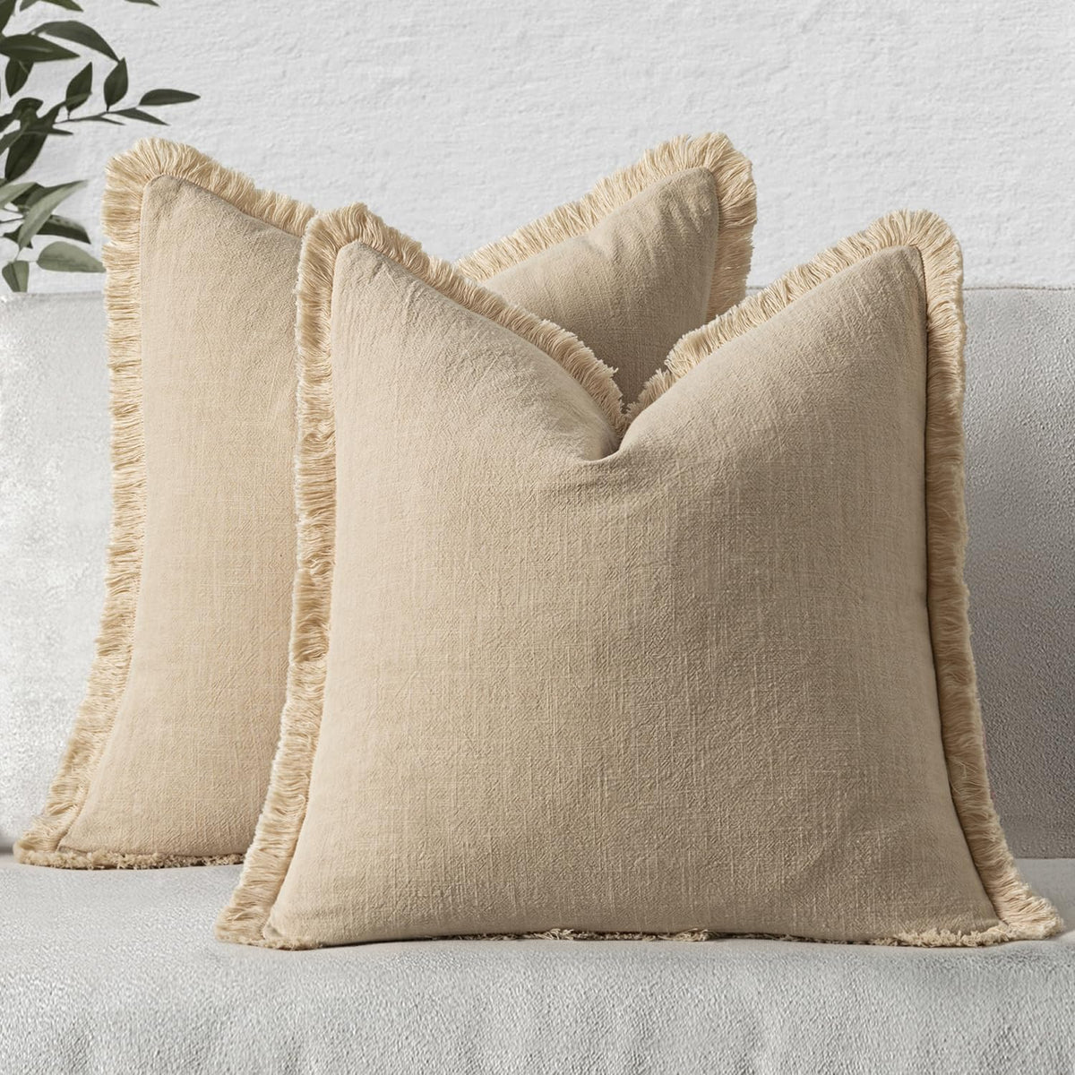 MIULEE Boho Linen Fringe Decorative Throw Pillow Covers Olive Green 20x20