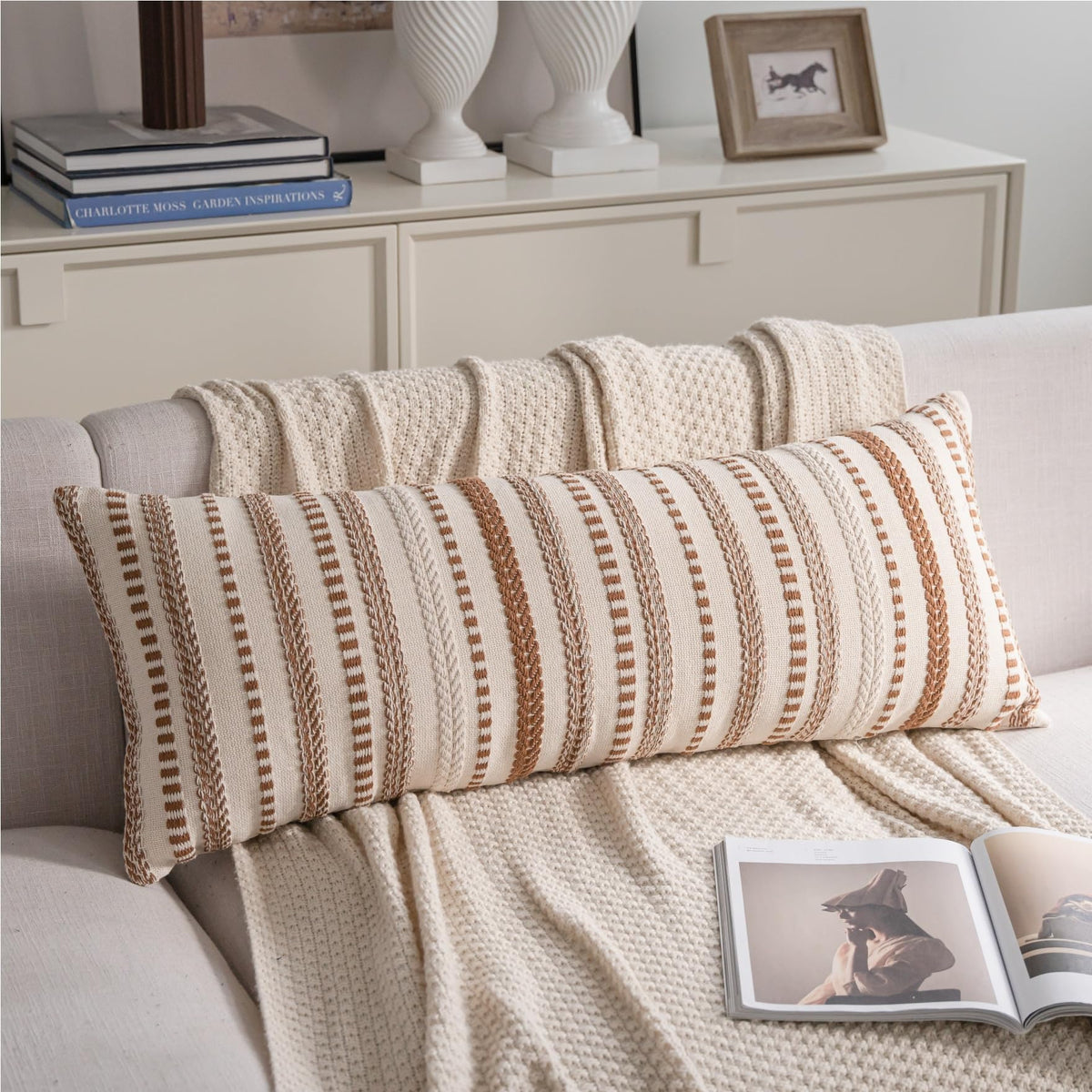 Cethom Blue and Beign Boho Throw Pillow Covers 18x18 Inch Set of 2, Stripe Textured Decorative Couch Pillow Cases for Bed, Sofa, Living Room, Bedroom, Farmhouse Home Accent Cushion Covers