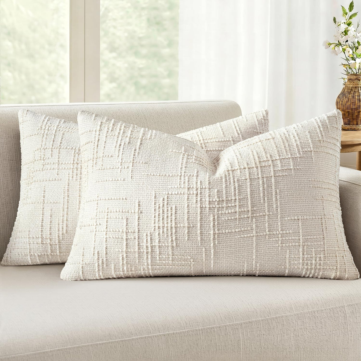MIULEE Chenille Textured Throw Pillow Covers Cream White 20x20 Set of 2