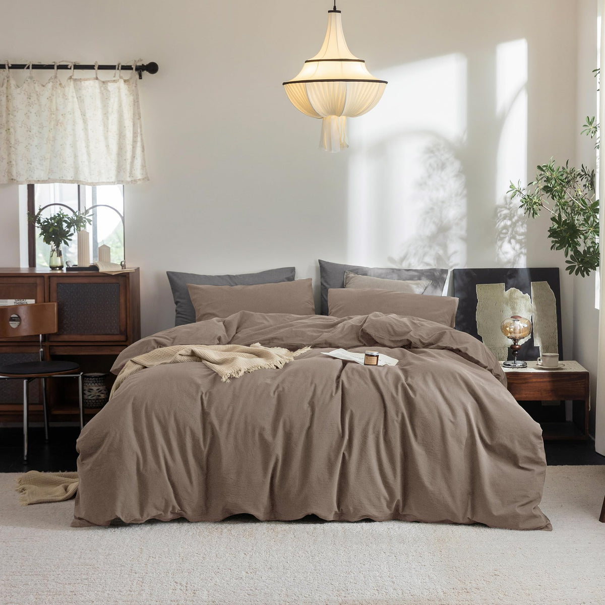 FOSSA Duvet Cover Set 100% Washed Cotton Linen Feel Queen