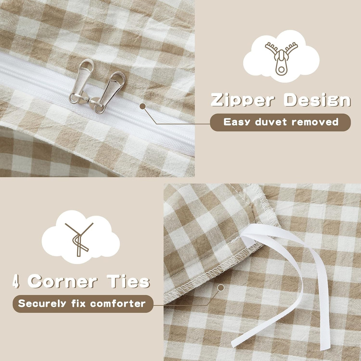 Taupe Gingham Ruffle Duvet Cover King Size 3 Piece