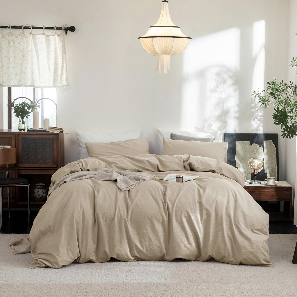 FOSSA Duvet Cover Set 100% Washed Cotton Linen Feel Queen