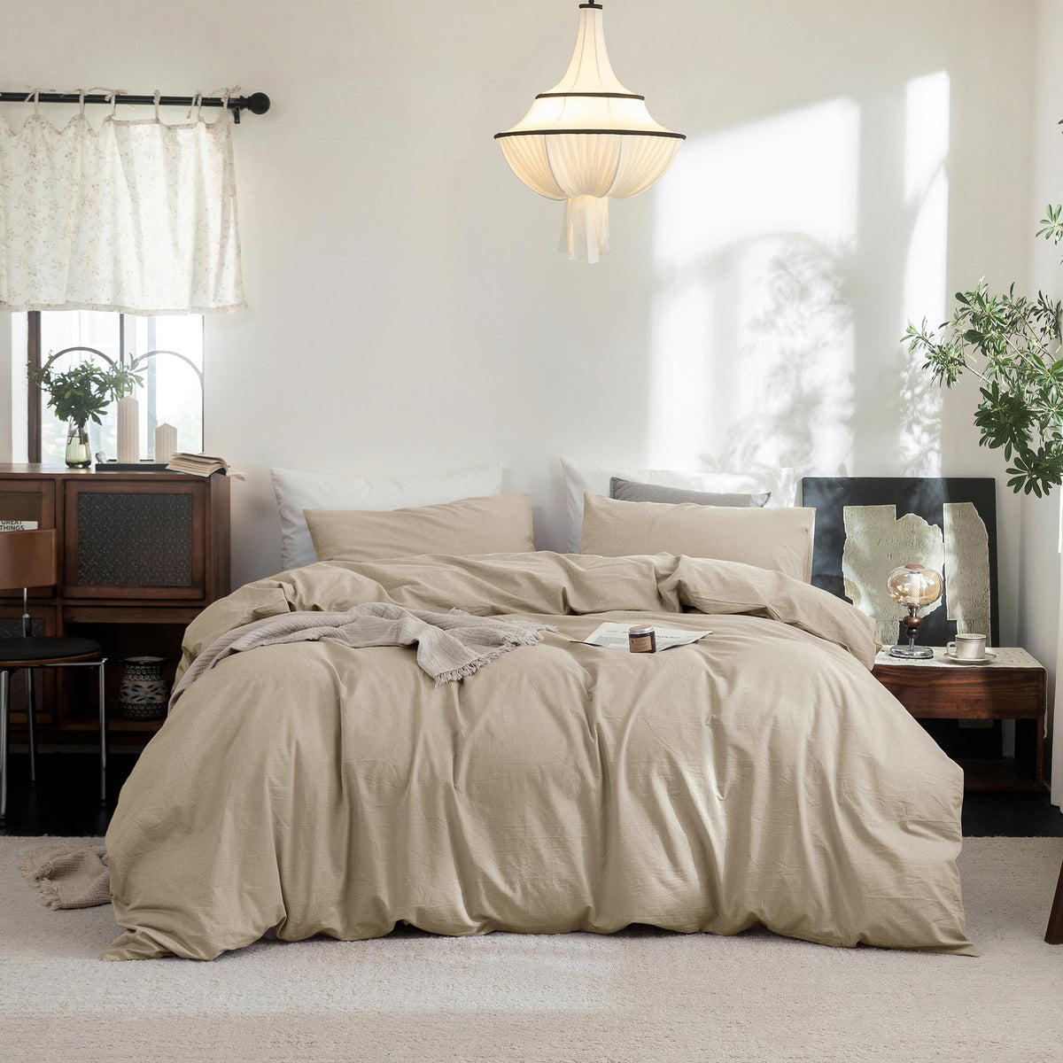 FOSSA Duvet Cover Set 100% Washed Cotton Linen Feel Queen