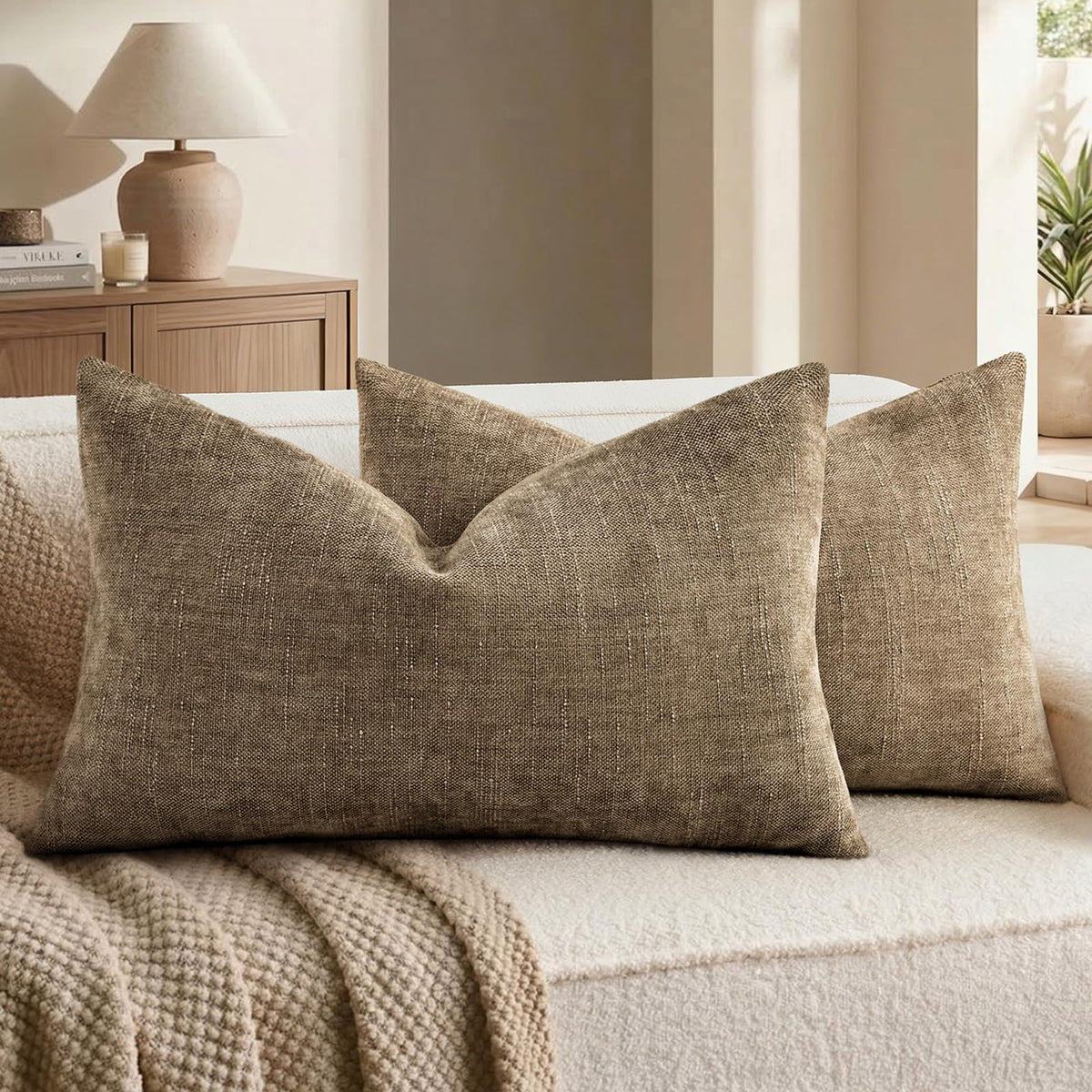 decorUhome Chenille Decorative Throw Pillow Covers 18x18 Set of 2, Brown