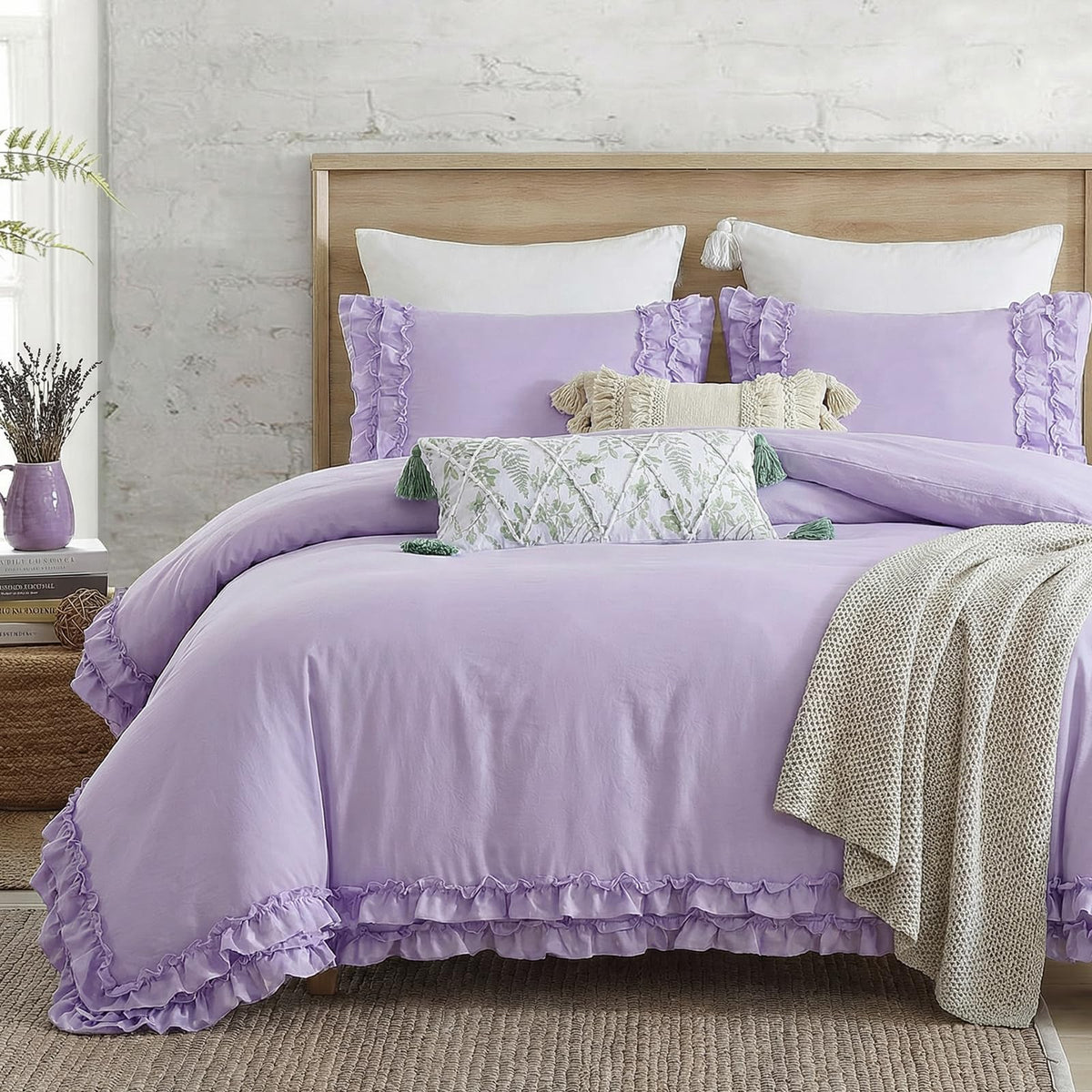 Bedorm Beige Duvet Cover Set Queen Ruffle Bedding Set Pleat Ruffled Shabby Chic Comforter Cover Extra Soft & Easy Care White Boho Duvet Cover with Zipper Closure