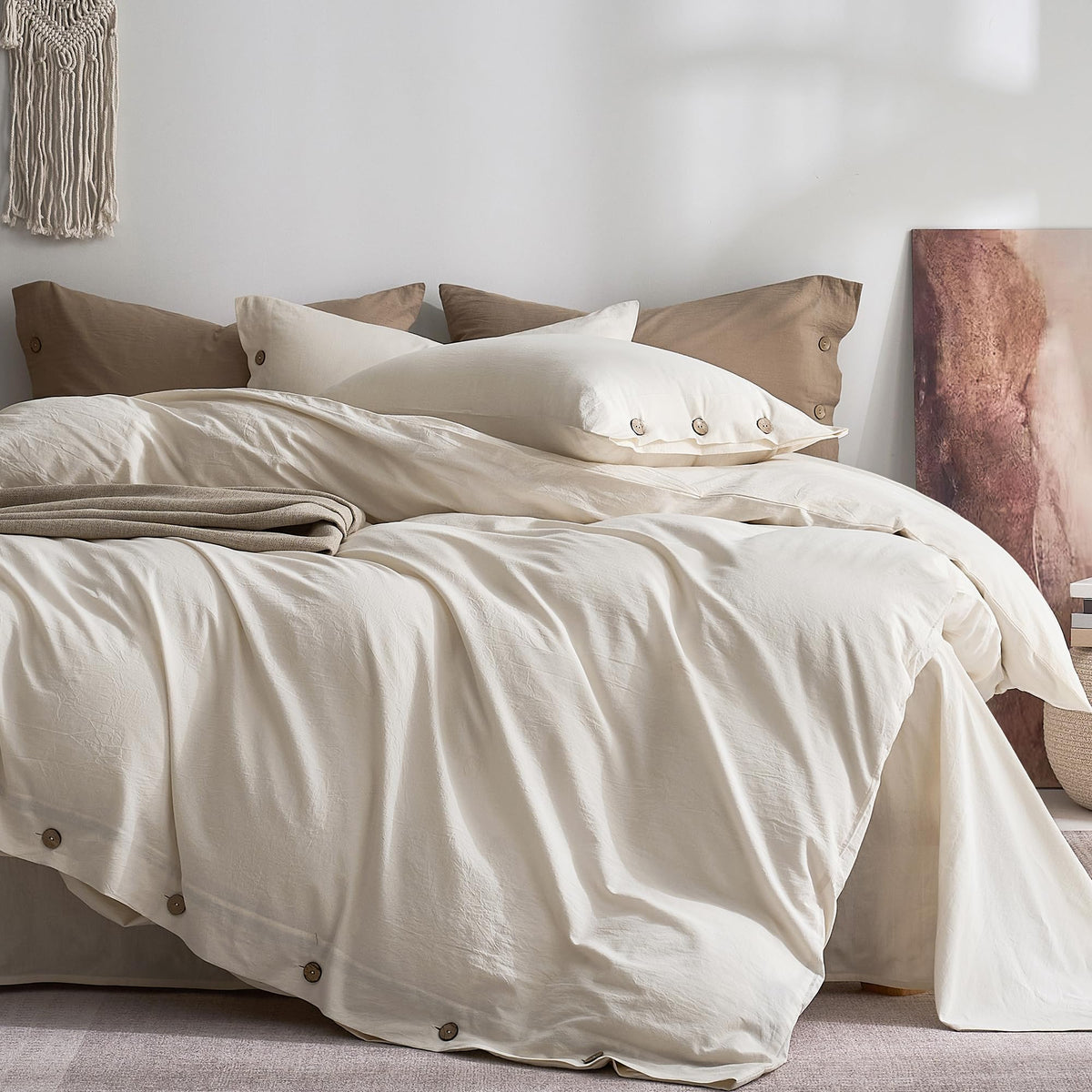 JELLYMONI 100% Washed Cotton Striped Duvet Cover Set King, Linen-Like