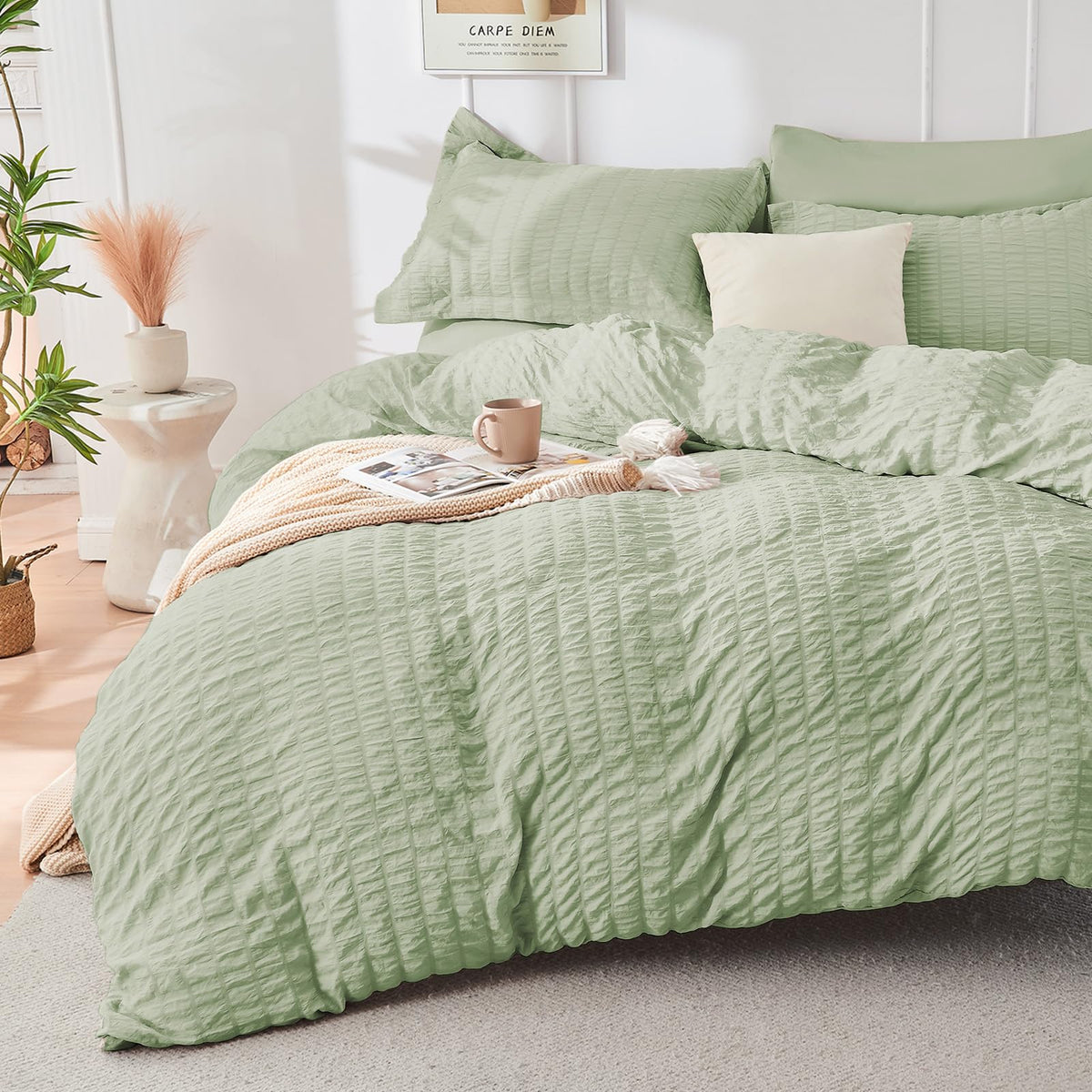 HYMOKEGE Beige Duvet Cover Queen Size, Ultra Soft 3-Piece Seersucker Duvet Cover Set with Zipper Closure, Soft Brushed Microfiber Bedding Set with 8 Corner Ties (90"x90", 2 Pillowshams)