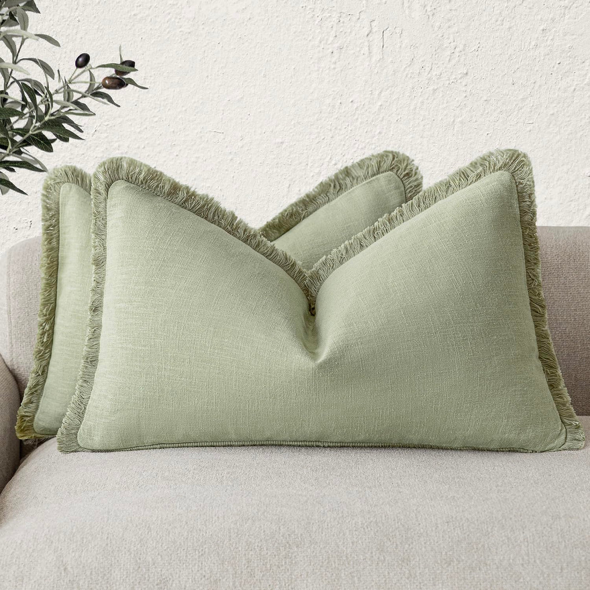 Foindtower Decorative Linen Fringe Throw Pillow Covers 20×20 Olive Green