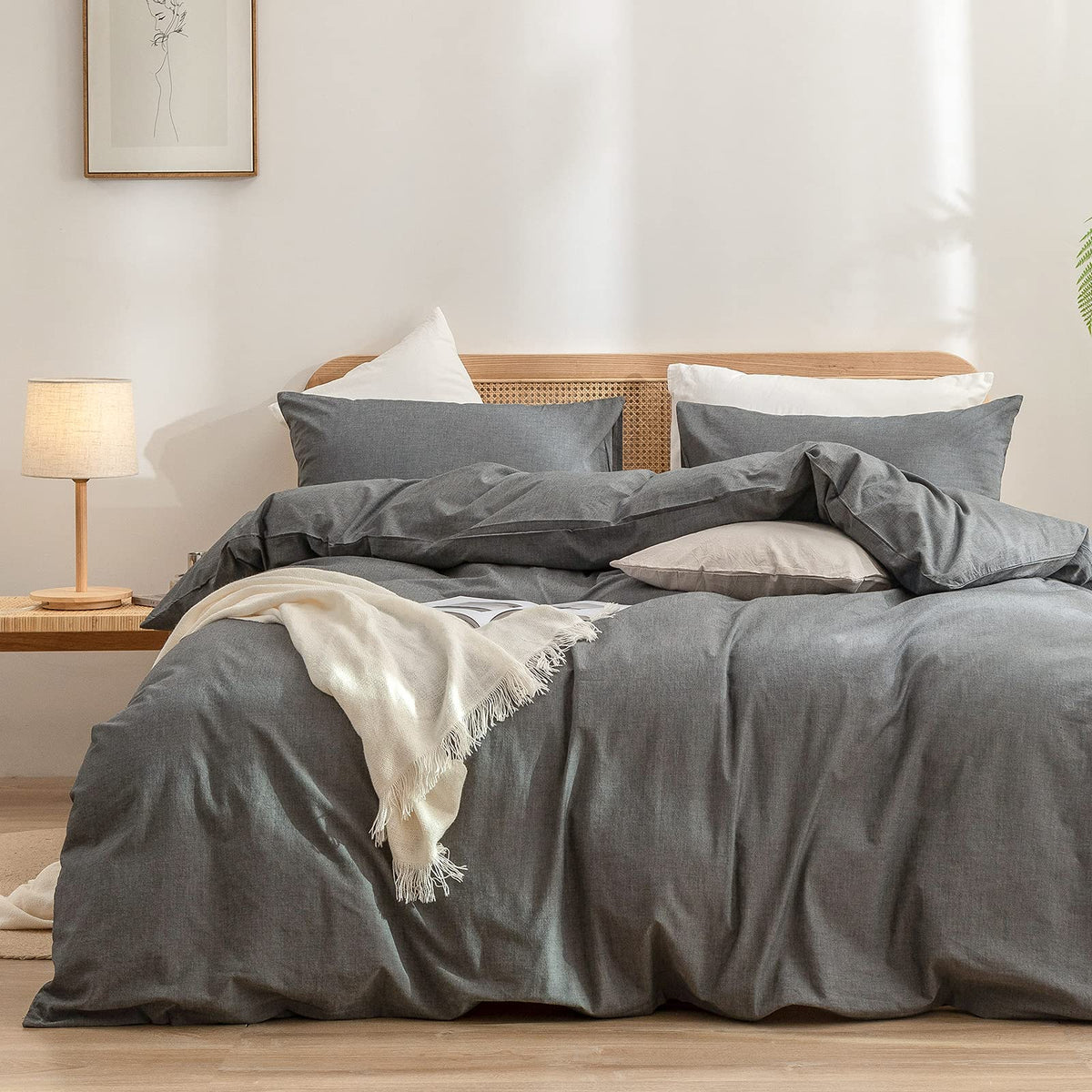 BESTOUCH Cotton Solid Duvet Cover Set Linen Feel Cornflower Blue King