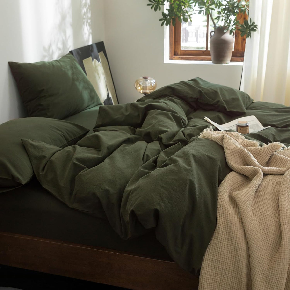 FOSSA Duvet Cover Set 100% Washed Cotton Linen Feel Queen