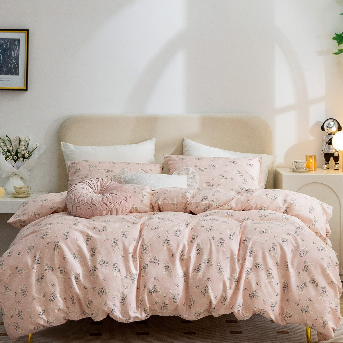 King Size Duvet Cover Set Floral Luxury Soft Brushed Microfiber Crinkle Gauze Fabric 3 Pieces Bedding Set Flower Pattern Duvet Cover King with Zipper Closure Breathable Comfy