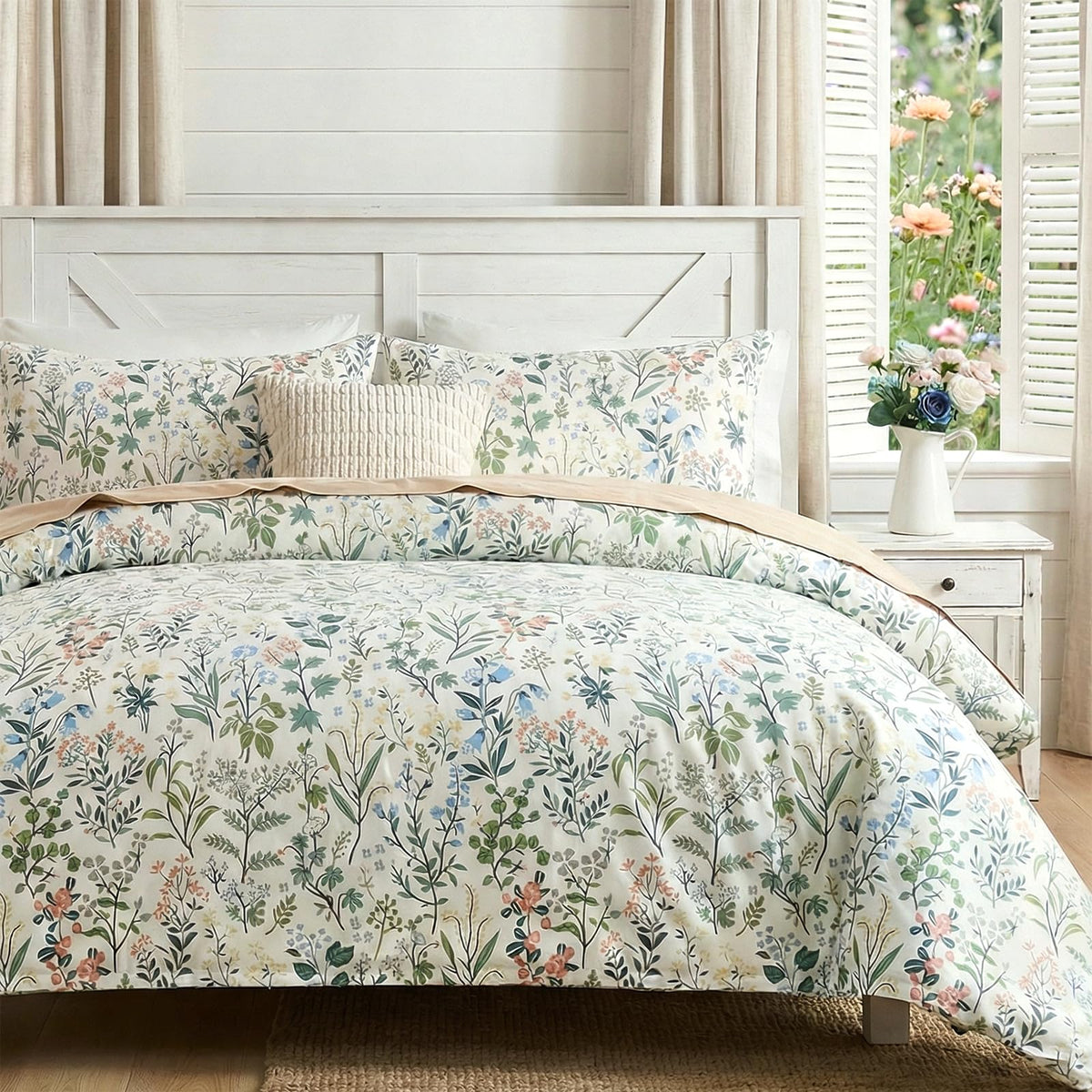 Duvet Cover Queen Size - 100% Cotton Reversible Floral Queen Duvet Cover Set with Zipper Closure, 3 Pieces Soft & Breathable Green Bedding Set for All Seasons