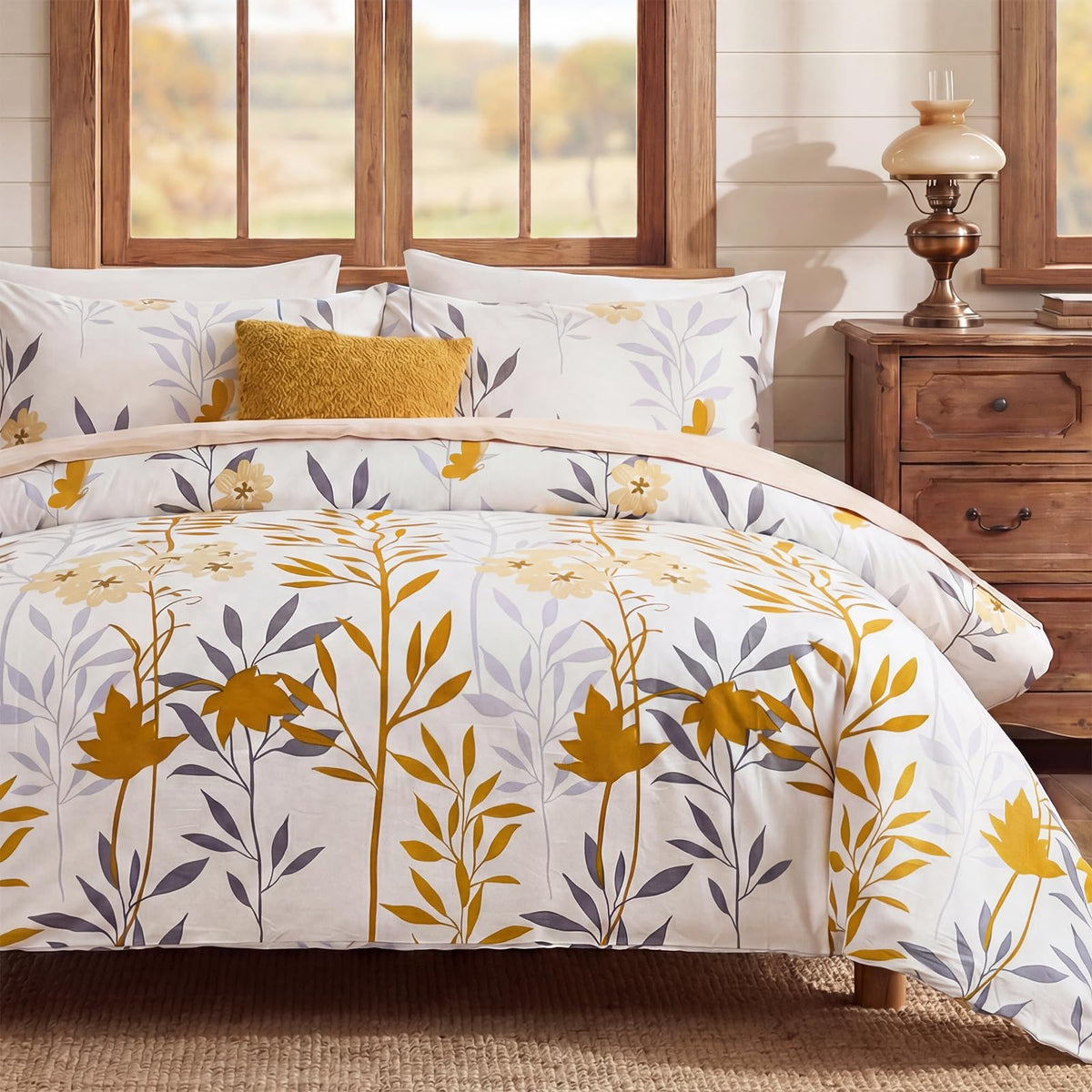 Duvet Cover Queen Size - 100% Cotton Reversible Floral Queen Duvet Cover Set with Zipper Closure, 3 Pieces Soft & Breathable Green Bedding Set for All Seasons