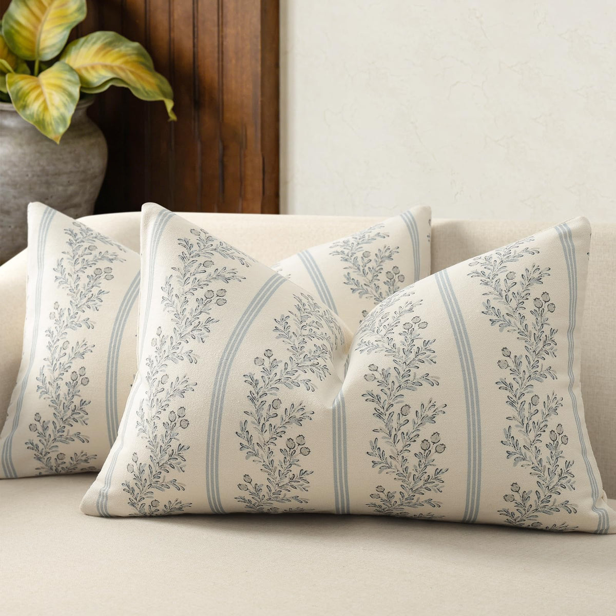Vintage Throw Pillow Covers 18x18 Set of 2, Striped Floral Pillow Cover Botanical Patterned Decorative Cushion Covers Modern Farmhouse Home Decor for Sofa Couch Bed Living Room, Light Blue