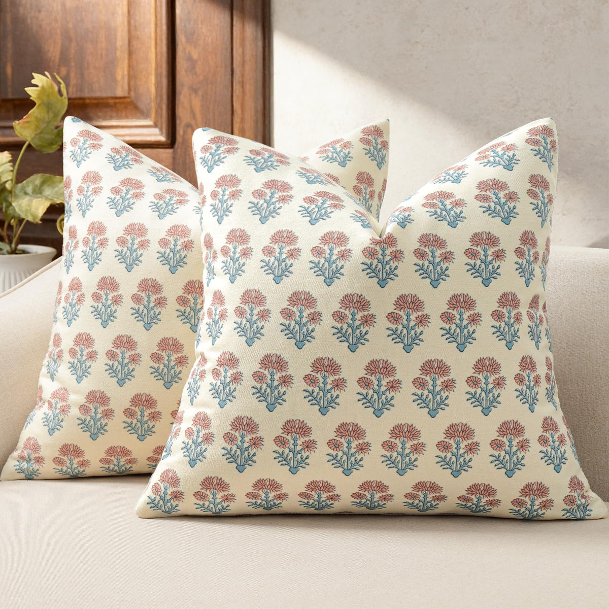 Farmhouse Floral Pillow Covers 18x18 Set of 2, Country Botanical Throw Pillow Cover for Sofa Couch Bed Living Room, Earthic Vintage Flower Cushion Covers Cottage Home Decor,Terracotta