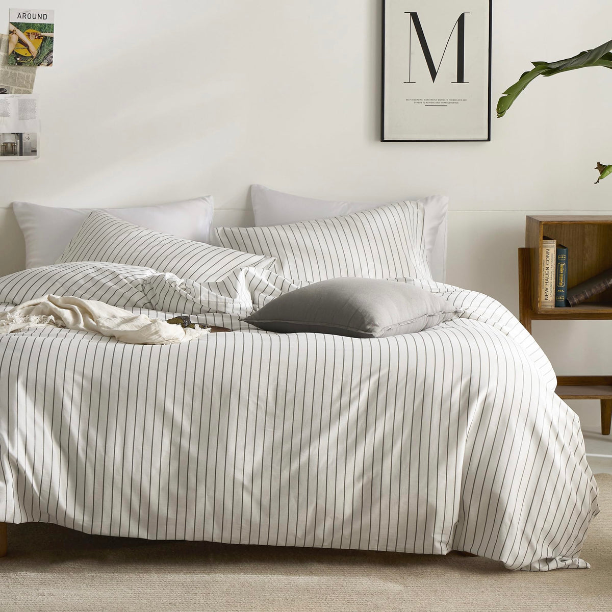 JELLYMONI 100% Cotton Classic Striped Queen Duvet Cover Set, Tan/White