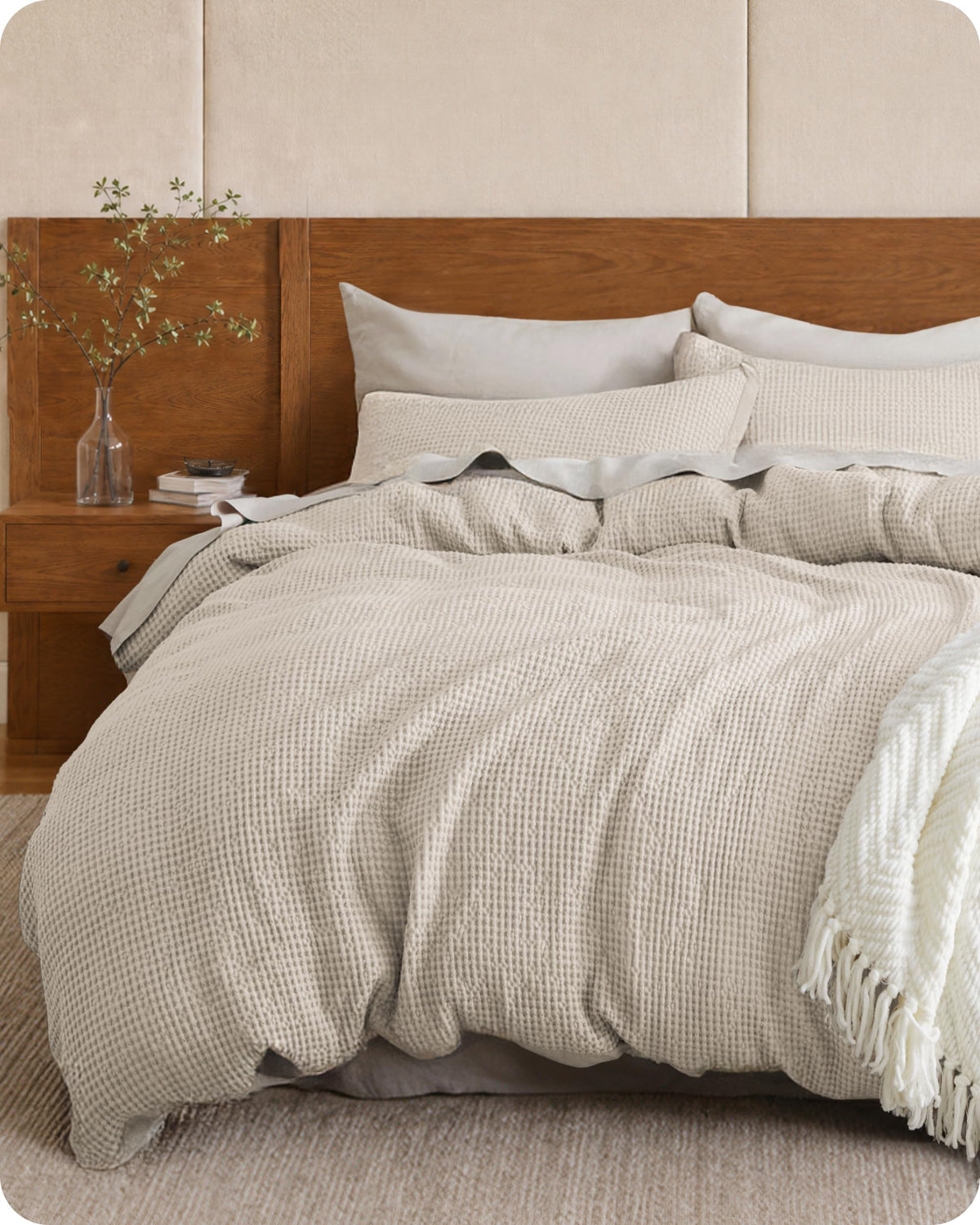 Bedsure PureWoven 3 Pieces 100% Cotton Waffle Duvet Cover Set, King, Linen