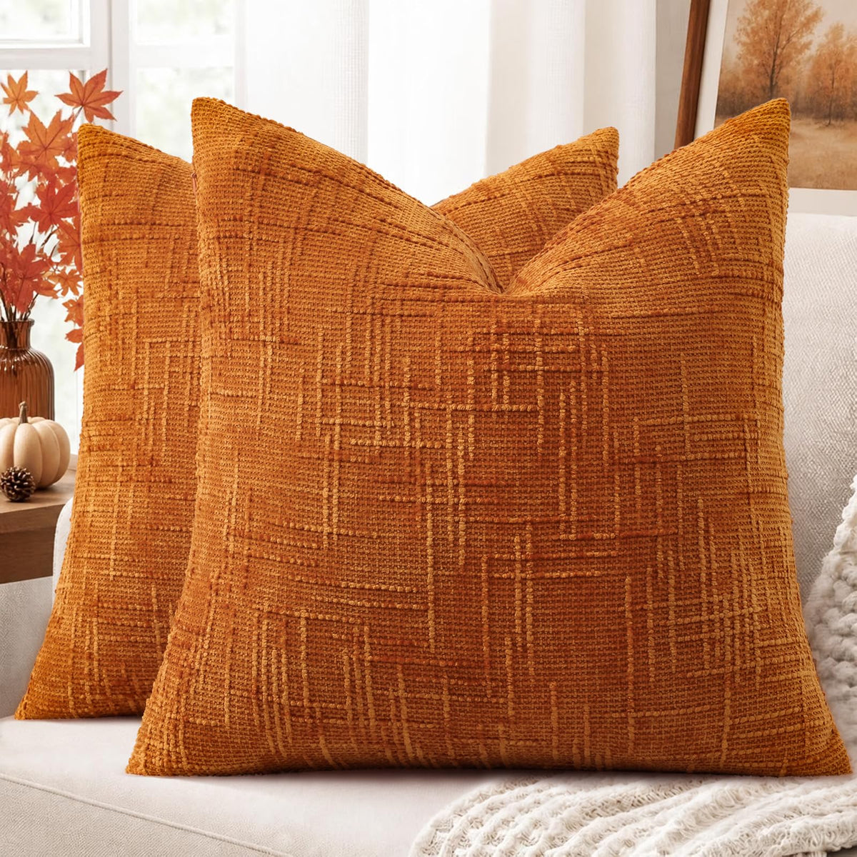 decorUhome Textured Chenille Throw Pillow Covers 18x18 Set of 2 Rust